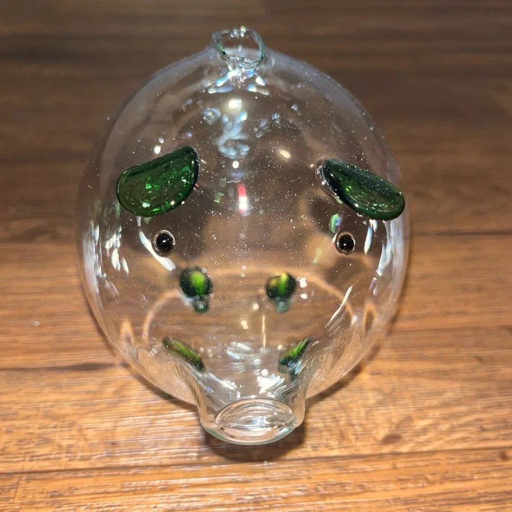 Clear Glass Piggy Bank W/Green Accents Hi-Quality Crystal-Clear Glass Hand-Made